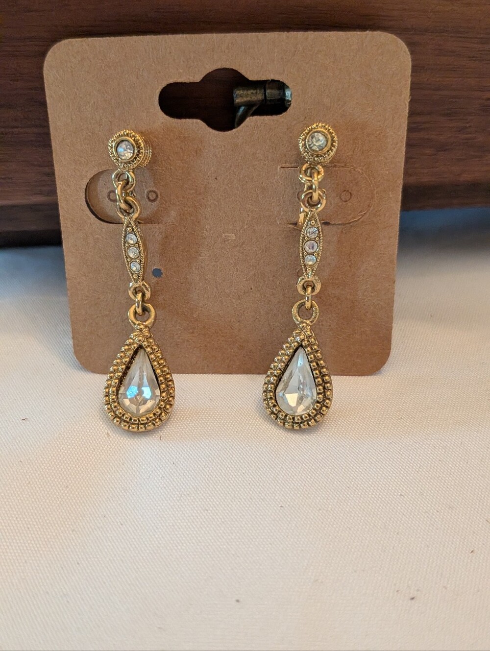 Gold Teardrop Crystal Dangle Clip On Earrings - Elegant Women’s Jewelry